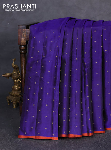 Pure kanchipuram silk saree violet and rustic orange with allover zari woven buttas and piping border