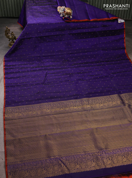 Pure kanchipuram silk saree violet and rustic orange with allover zari woven buttas and piping border