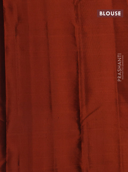 Pure kanchipuram silk saree deep wine shade and rustic orange with allover zari woven buttas and piping border