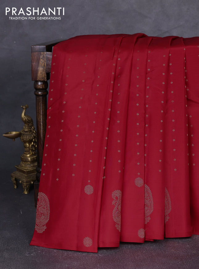 Pure kanchipuram silk saree red with allover zari woven buttas in borderless style