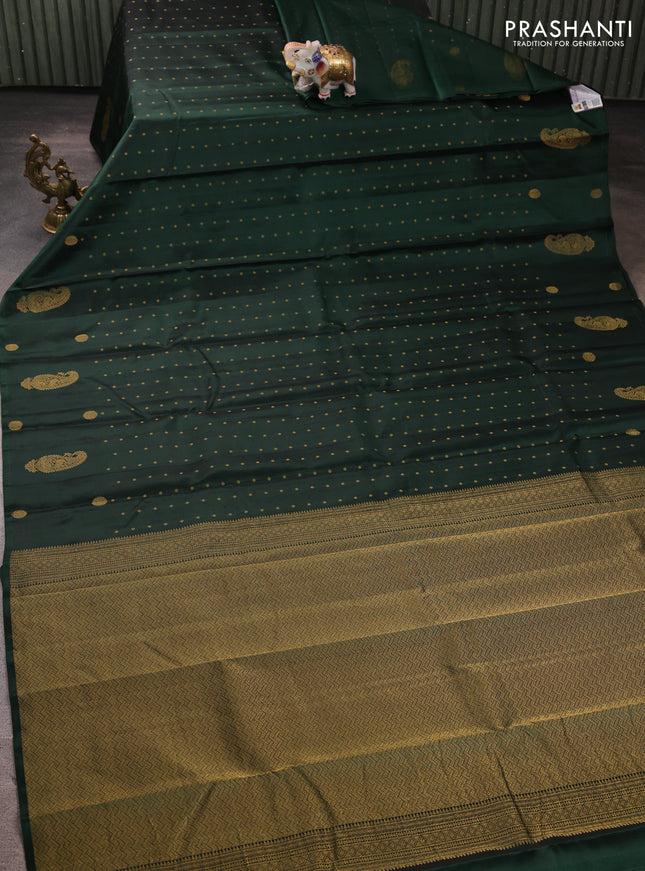 Pure kanchipuram silk saree bottle green with allover zari woven buttas in borderless style