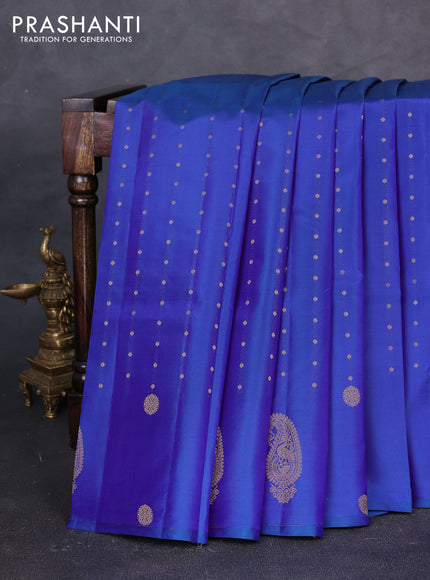 Pure kanchipuram silk saree blue with allover zari woven buttas in borderless style