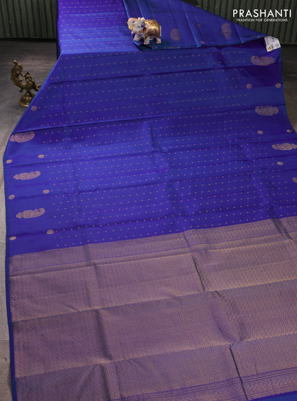 Pure kanchipuram silk saree blue with allover zari woven buttas in borderless style