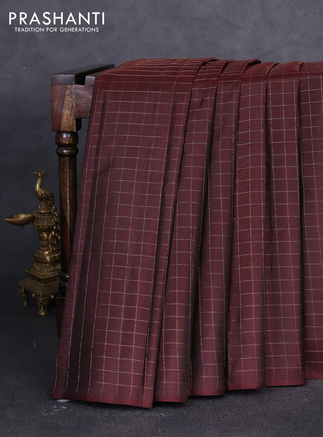 Pure kanchipuram silk saree coffee brown and peach pink with allover zari checked pattern in borderless style