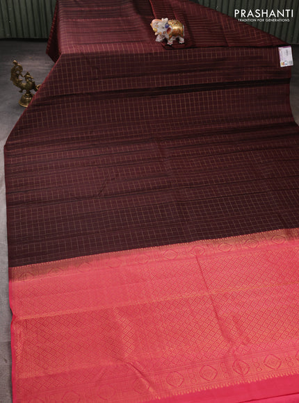 Pure kanchipuram silk saree coffee brown and peach pink with allover zari checked pattern in borderless style
