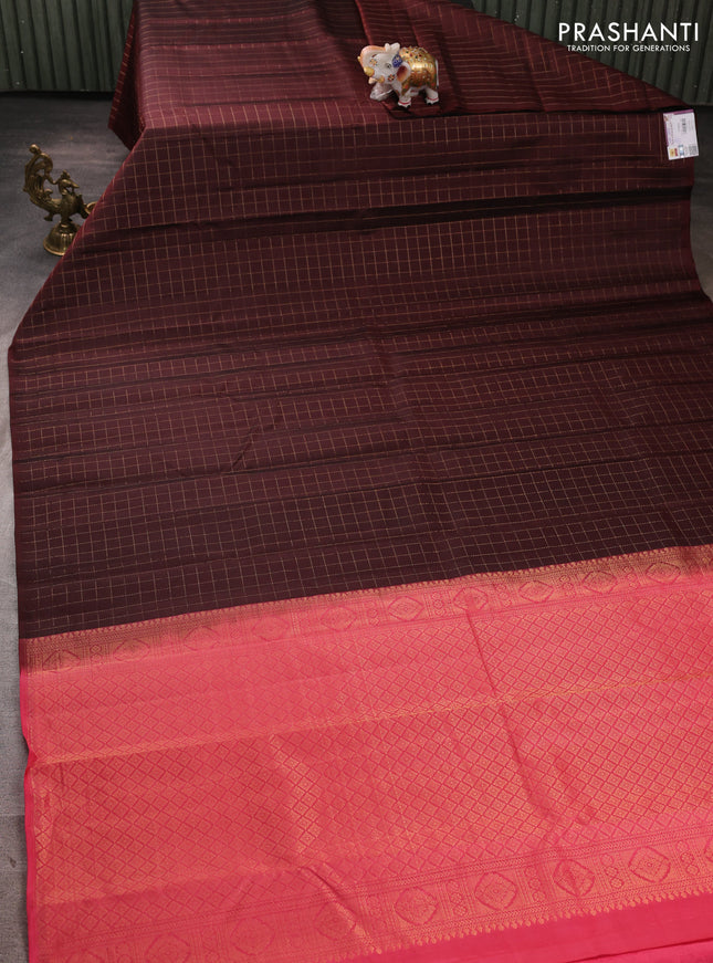 Pure kanchipuram silk saree coffee brown and peach pink with allover zari checked pattern in borderless style