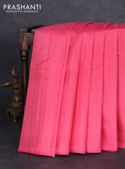 Pure kanchipuram silk saree peach pink with allover zari checked pattern in borderless style