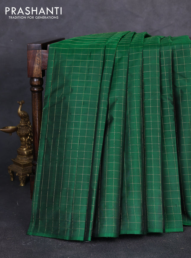 Pure kanchipuram silk saree green with allover zari checked pattern in borderless style