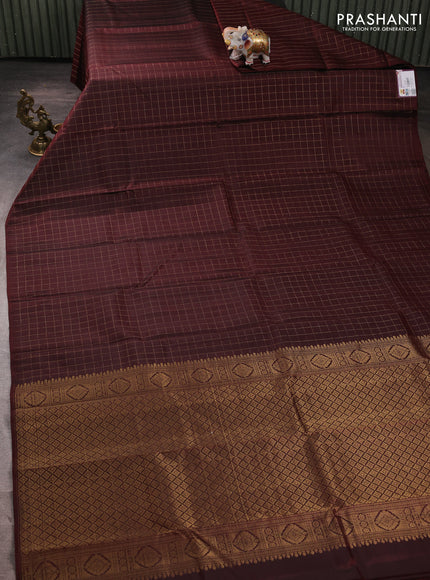 Pure kanchipuram silk saree coffee brown with allover zari checked pattern in borderless style