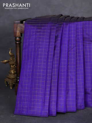 Pure kanchipuram silk saree blue and peach pink with allover zari checked pattern in borderless style