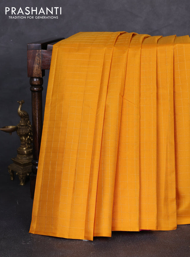 Pure kanchipuram silk saree mustard yellow and peach pink with allover zari checked pattern in borderless style