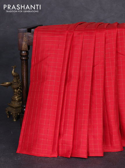 Pure kanchipuram silk saree red with allover zari checked pattern in borderless style