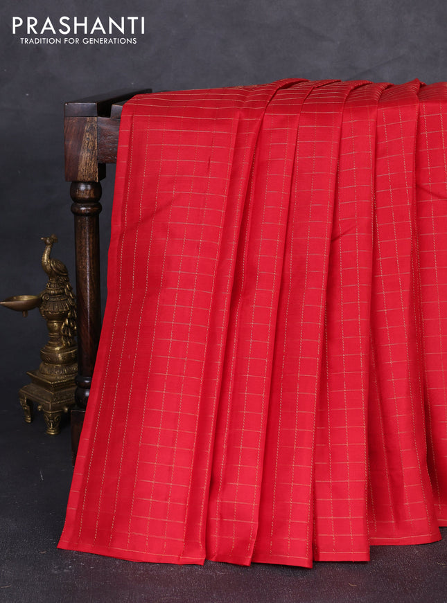 Pure kanchipuram silk saree red with allover zari checked pattern in borderless style