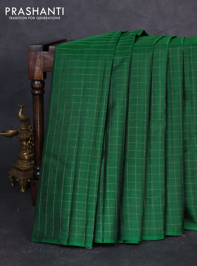 Pure kanchipuram silk saree green and peach pink with allover zari checked pattern in borderless style