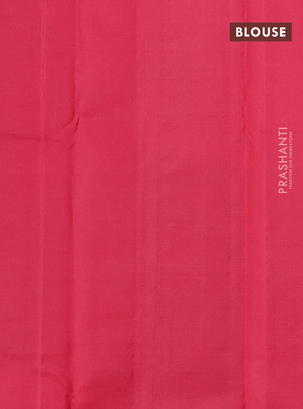 Pure kanchipuram silk saree green and peach pink with allover zari checked pattern in borderless style