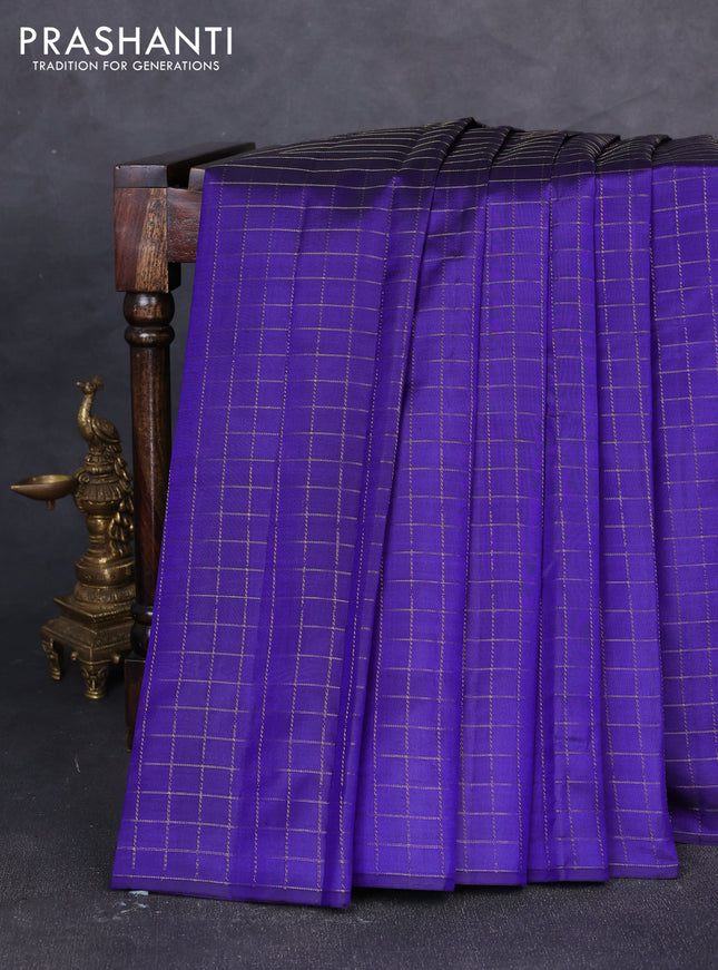 Pure kanchipuram silk saree blue with allover zari checked pattern in borderless style