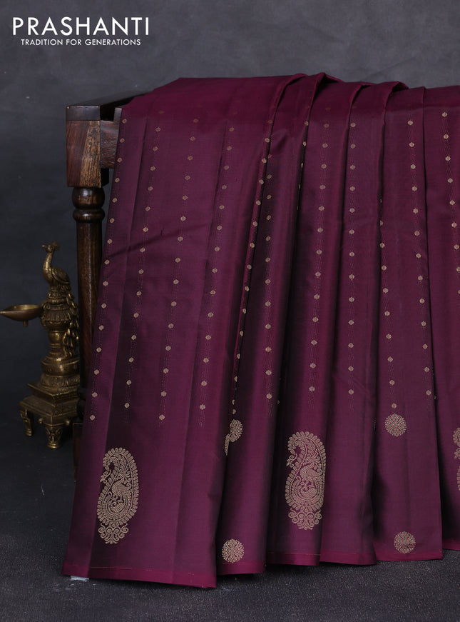 Pure kanchipuram silk saree wine shade with allover zari woven buttas in borderless style