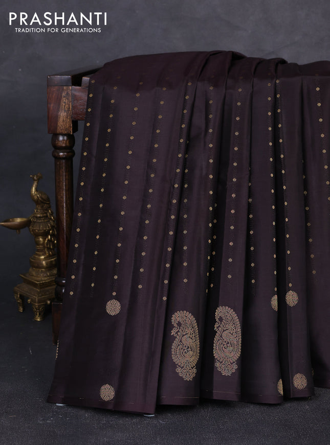 Pure kanchipuram silk saree coffee brown with allover zari woven buttas in borderless style