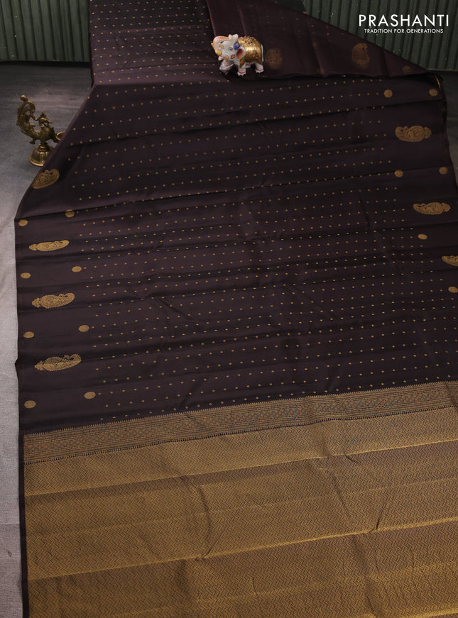 Pure kanchipuram silk saree coffee brown with allover zari woven buttas in borderless style