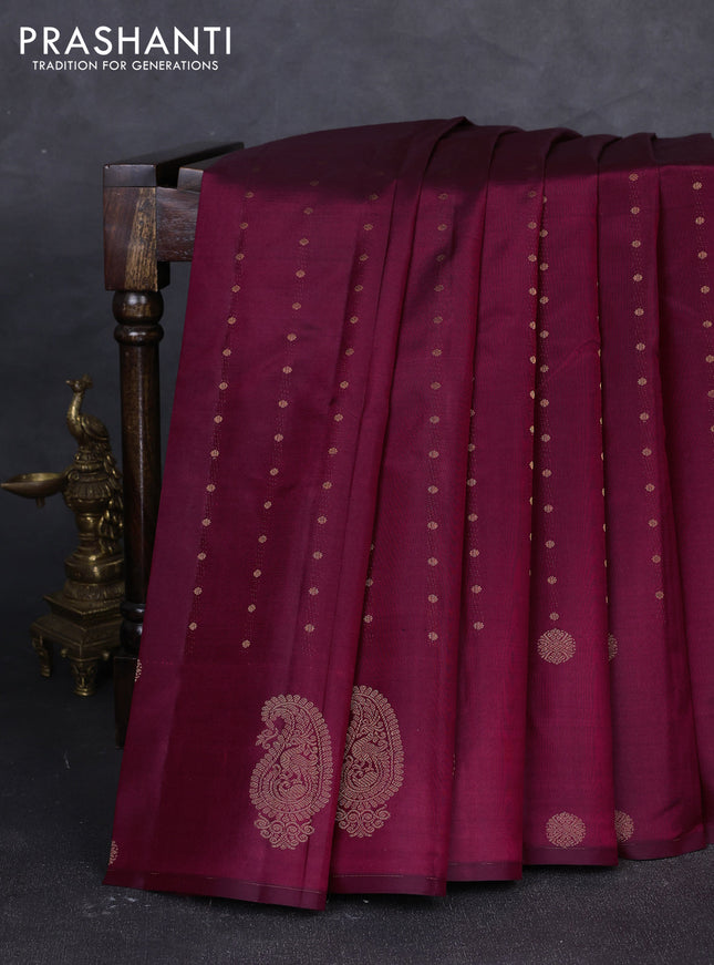 Pure kanchipuram silk saree maroon with allover zari woven buttas in borderless style