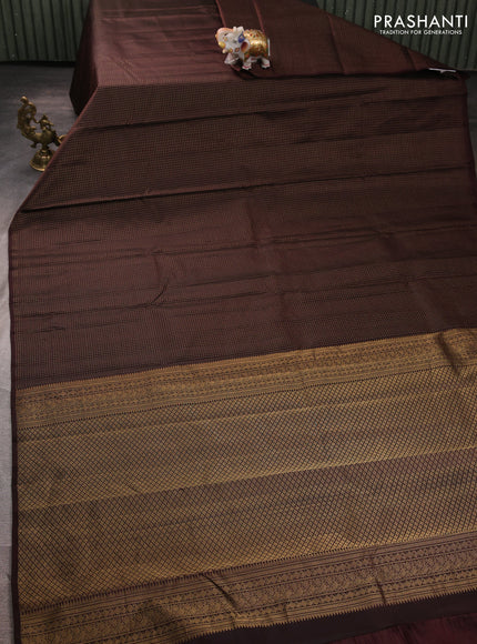 Pure kanchipuram silk saree coffee brown with allover zari checked pattern in borderless style