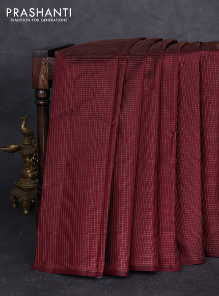 Pure kanchipuram silk saree deep maroon with allover zari checked pattern in borderless style