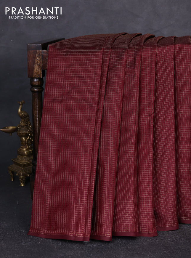 Pure kanchipuram silk saree deep maroon with allover zari checked pattern in borderless style