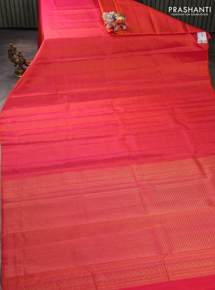 Pure kanchipuram silk saree orange with allover zari checked pattern in borderless style