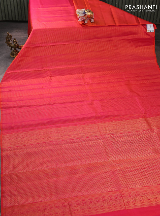 Pure kanchipuram silk saree orange with allover zari checked pattern in borderless style