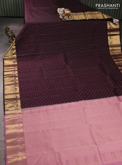 Pure kanchipuram silk saree coffee brown and mauve pink with allover zari woven buttas and zari woven border