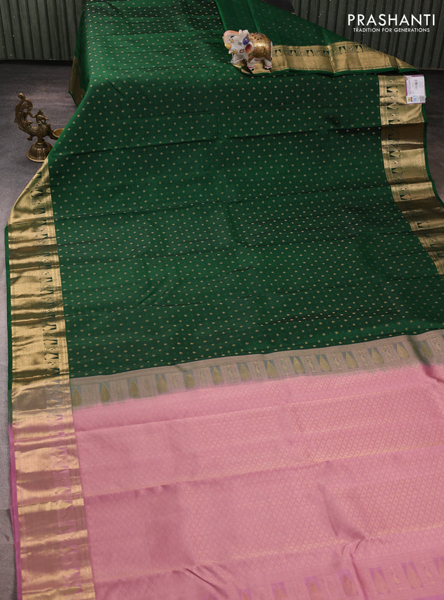 Pure kanchipuram silk saree green and mauve pink with allover zari woven buttas and zari woven korvai border