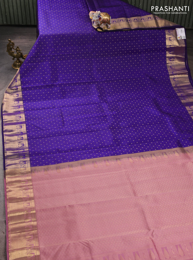 Pure kanchipuram silk saree blue and mauve pink with allover zari woven buttas and zari woven korvai border