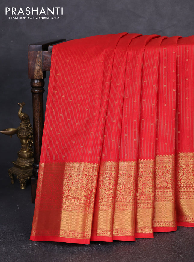 Pure kanchipuram silk saree red with allover zari weaves & buttas and long zari woven border