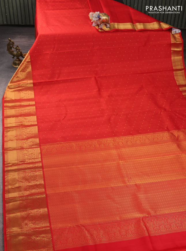 Pure kanchipuram silk saree red with allover zari weaves & buttas and long zari woven border