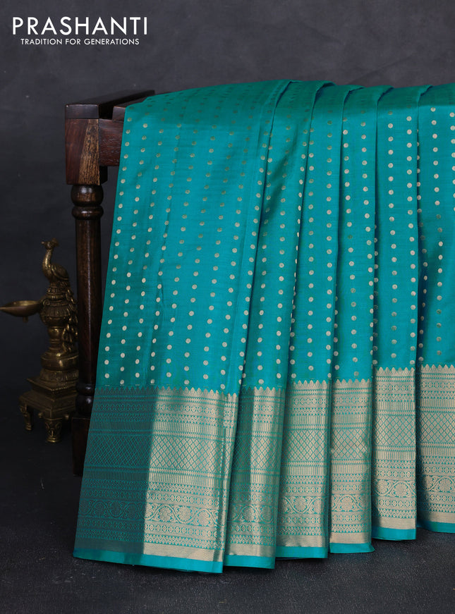 Pure kanchipuram silk saree teal blue and maroon with allover zari woven buttas and long zari woven border