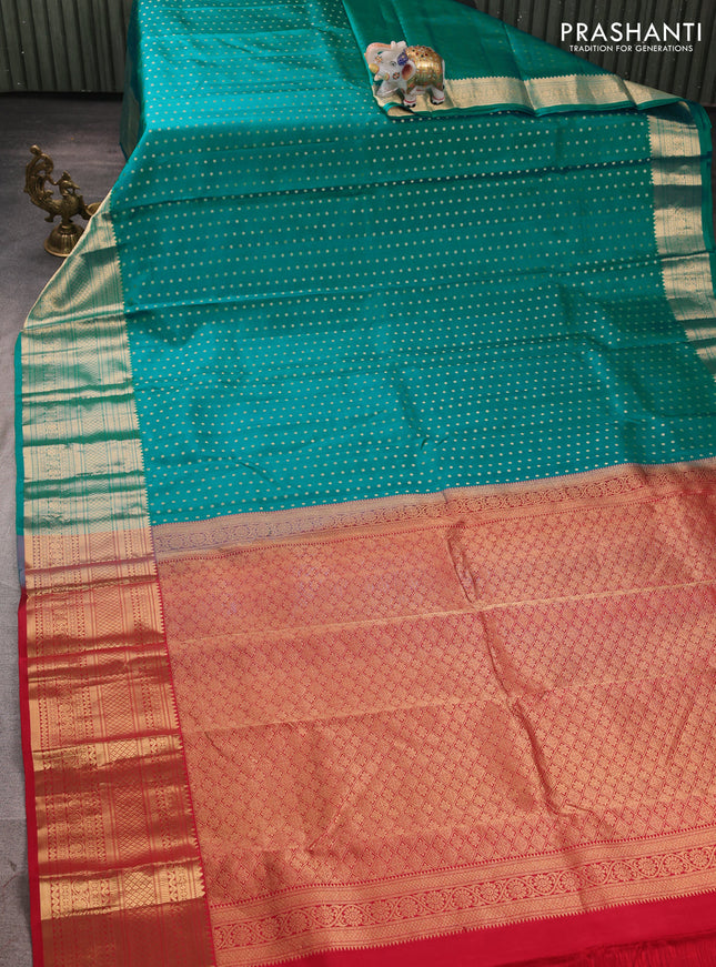 Pure kanchipuram silk saree teal blue and maroon with allover zari woven buttas and long zari woven border