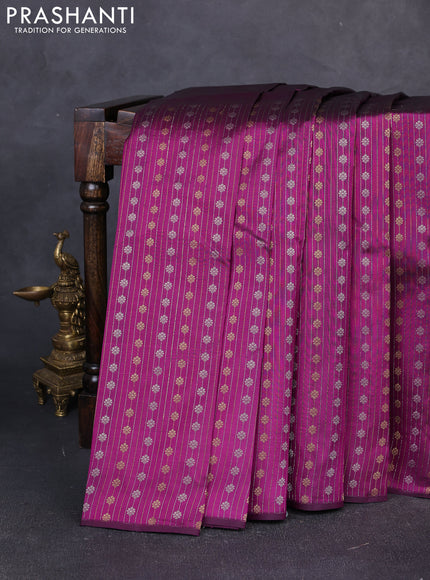 Pure kanchipuram silk saree magenta pink with plain body and long silver & zari woven border