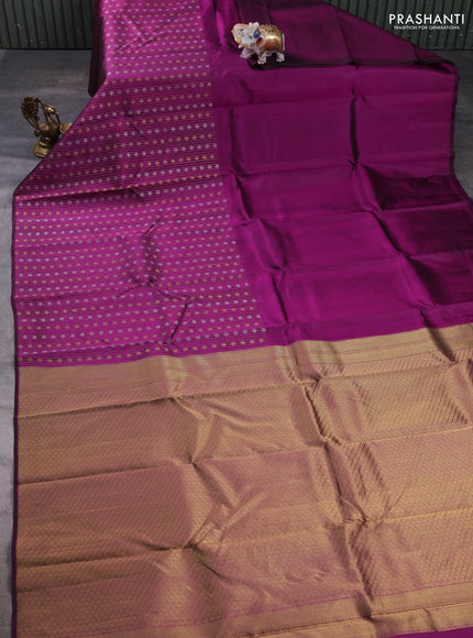 Pure kanchipuram silk saree magenta pink with plain body and long silver & zari woven border