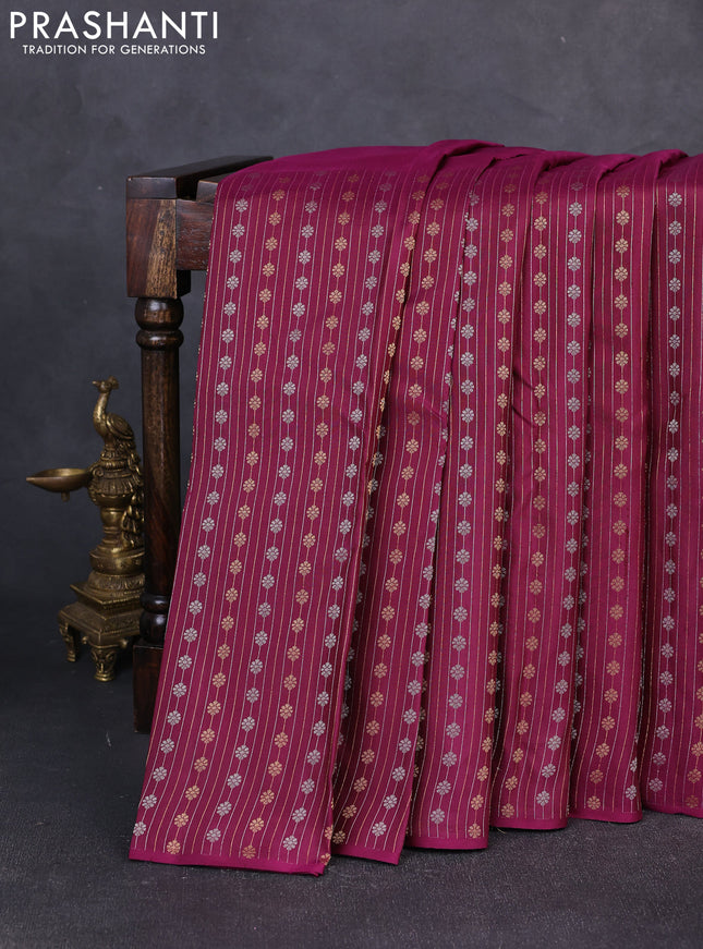 Pure kanchipuram silk saree magenta pink with plain body and long silver & zari woven border