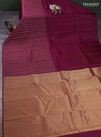Pure kanchipuram silk saree magenta pink with plain body and long silver & zari woven border