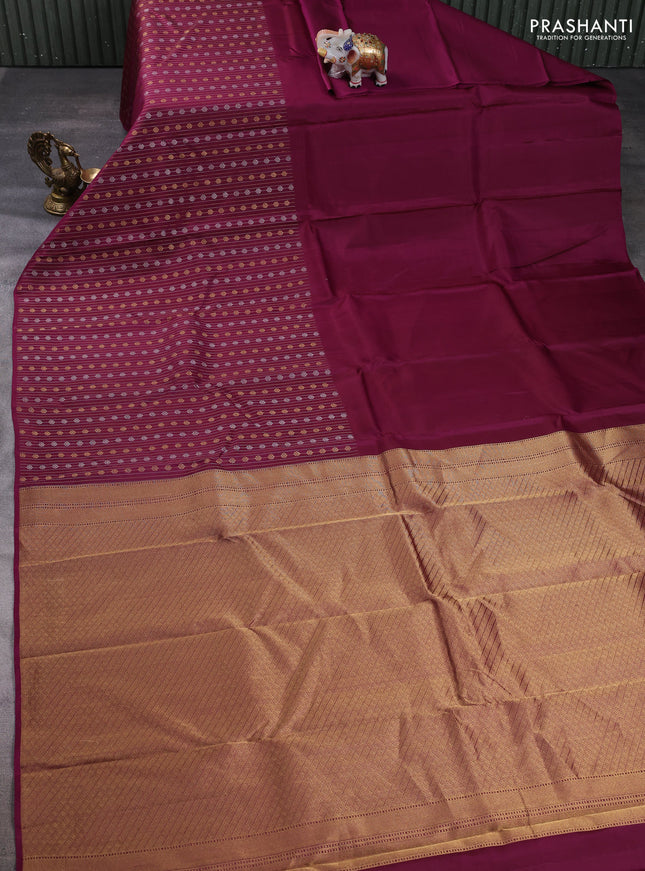 Pure kanchipuram silk saree magenta pink with plain body and long silver & zari woven border