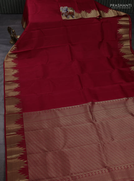 Pure kanchipuram silk saree maroon with plain body and temple zari woven border