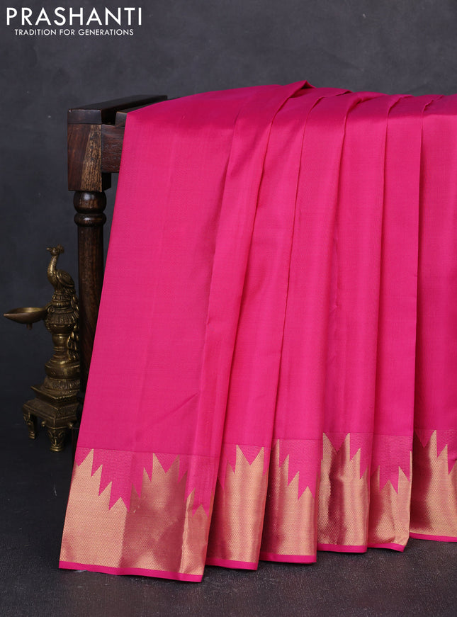 Pure kanchipuram silk saree pink with plain body and temple zari woven border