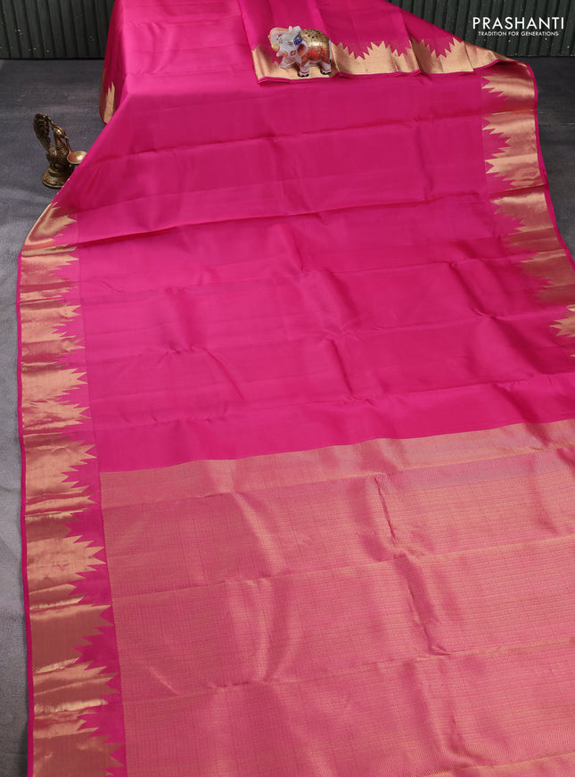 Pure kanchipuram silk saree pink with plain body and temple zari woven border