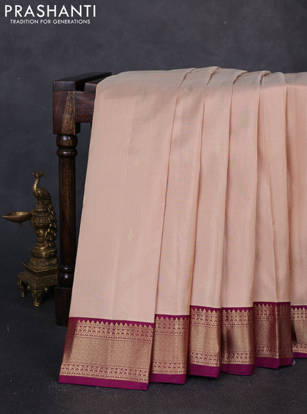 Pure kanchipuram silk saree beige and purple with zari woven buttas and zari woven korvai border