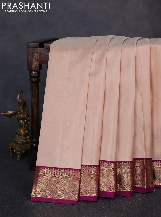 Pure kanchipuram silk saree beige and purple with zari woven buttas and zari woven korvai border