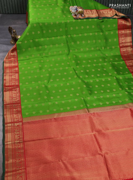 Pure kanchipuram silk saree green and red with zari woven buttas and zari woven korvai border