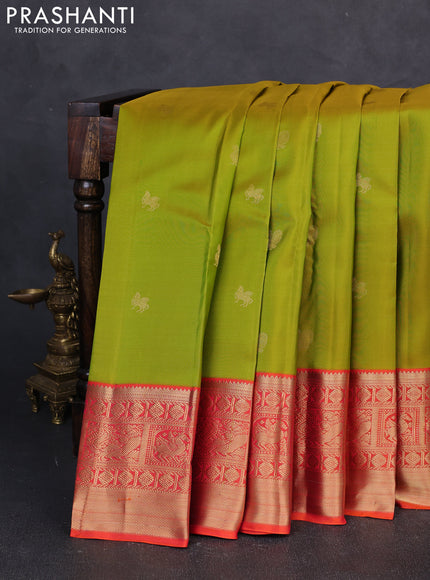 Pure kanchipuram silk saree lime green and orange with zari woven buttas and zari woven korvai border