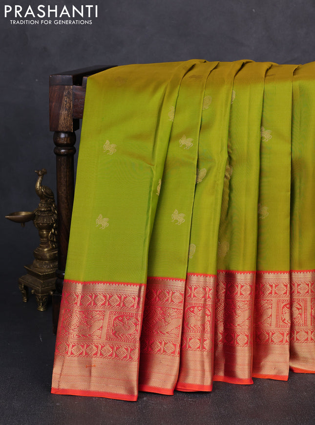 Pure kanchipuram silk saree lime green and orange with zari woven buttas and zari woven korvai border