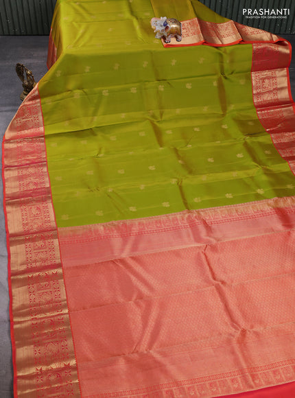 Pure kanchipuram silk saree lime green and orange with zari woven buttas and zari woven korvai border
